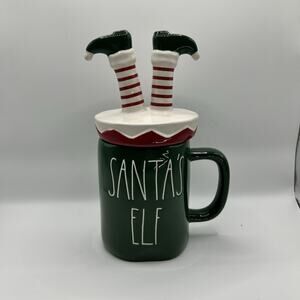 Rae Dunn Mug SANTA'S ELF with Elf Legs Topper Lid Christmas